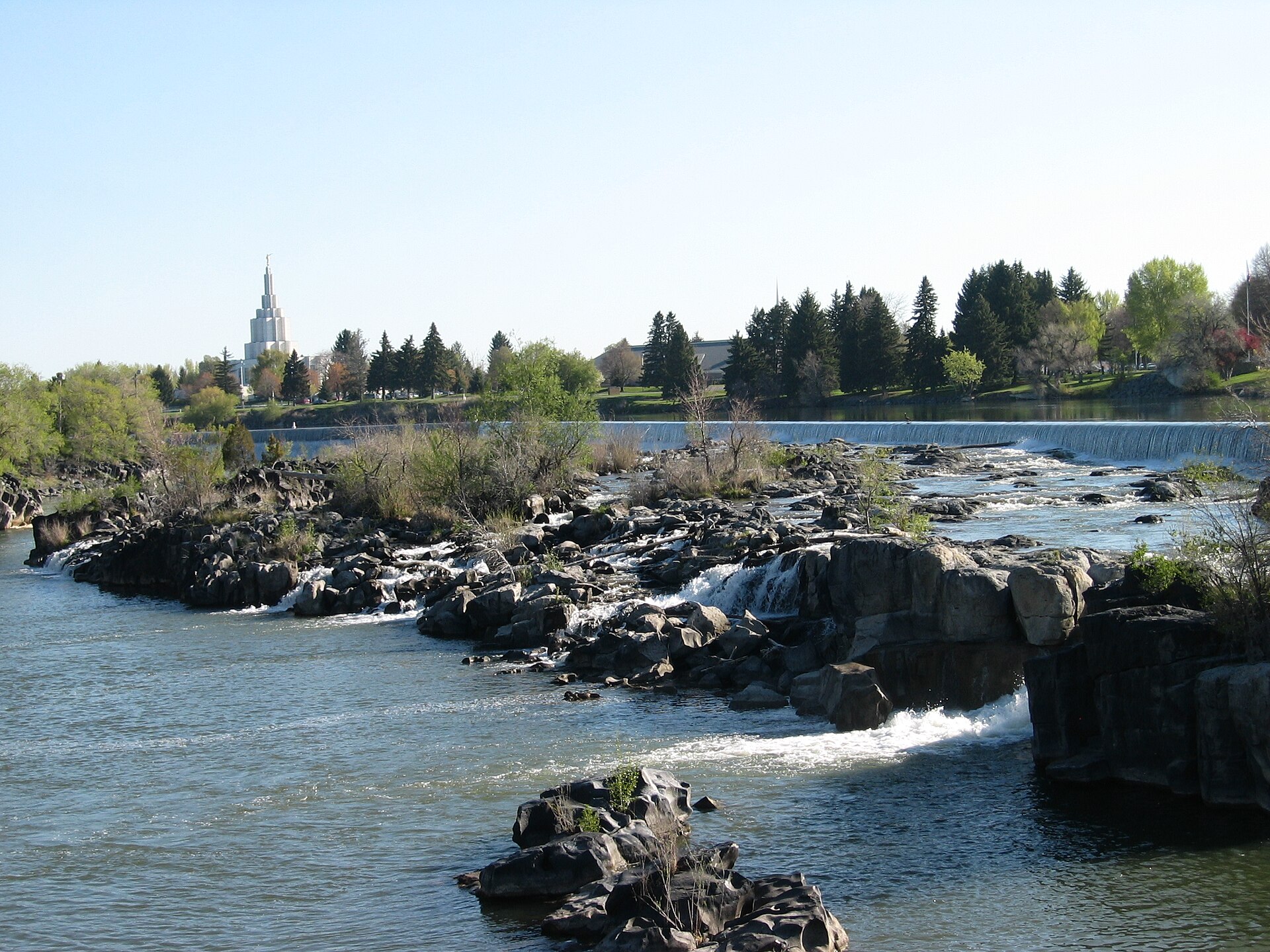 The Snake River flowing past the Idaho Falls temple in Idaho Falls, Bonneville County, Idaho.