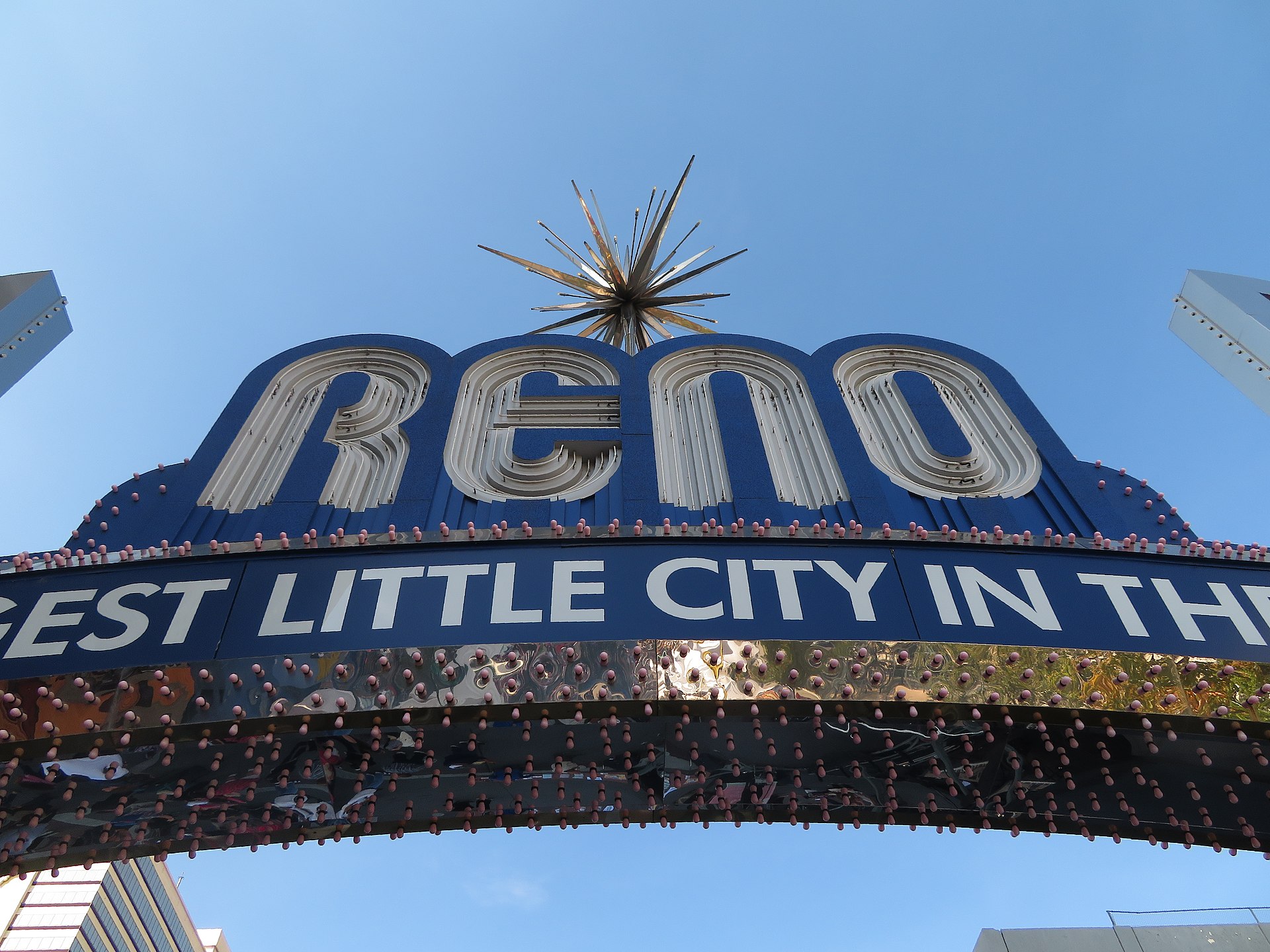 The illuminated Reno Arch spanning Virginia Street in downtown Reno, Washoe County, Nevada.
